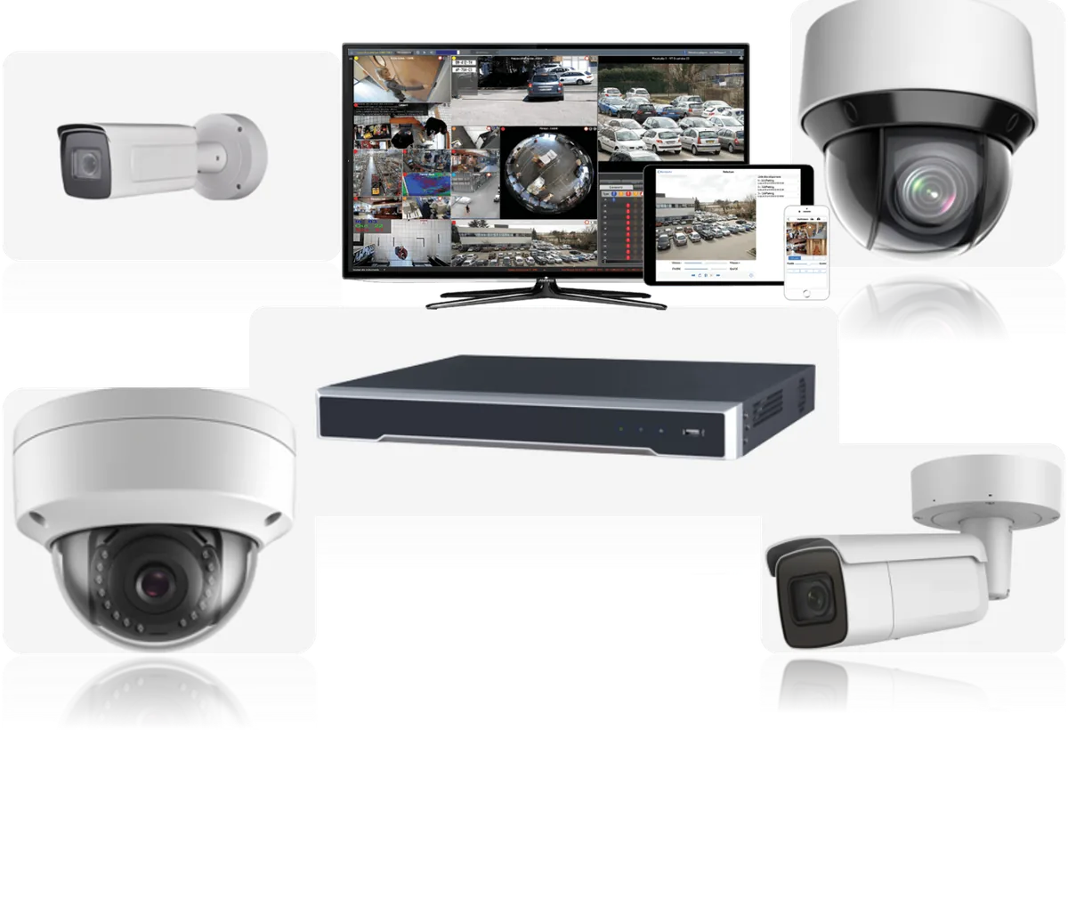 Système de vidéosurveillance professionnel : caméras bullet et dôme motorisées, enregistreur NVR, supervision multi-écrans sur TV, tablette et smartphone