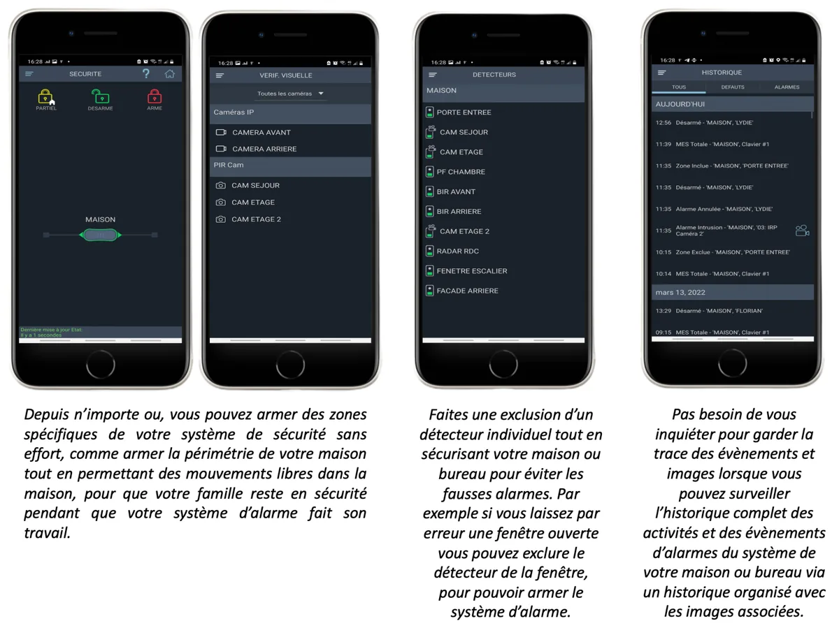 Écrans de l'application de sécurité : sécurité, vérification visuelle des caméras, liste des détecteurs et historique des événements