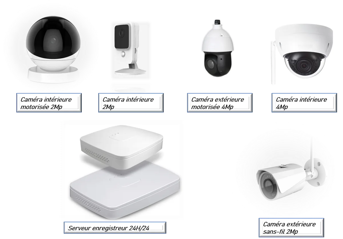 Gamme de caméras de vidéosurveillance Alarme HPP : caméra intérieure motorisée 2Mp, caméra intérieure 2Mp, caméra extérieure motorisée 4Mp, caméra intérieure 4Mp, serveur enregistreur 24h/24 et caméra extérieure sans-fil 2Mp